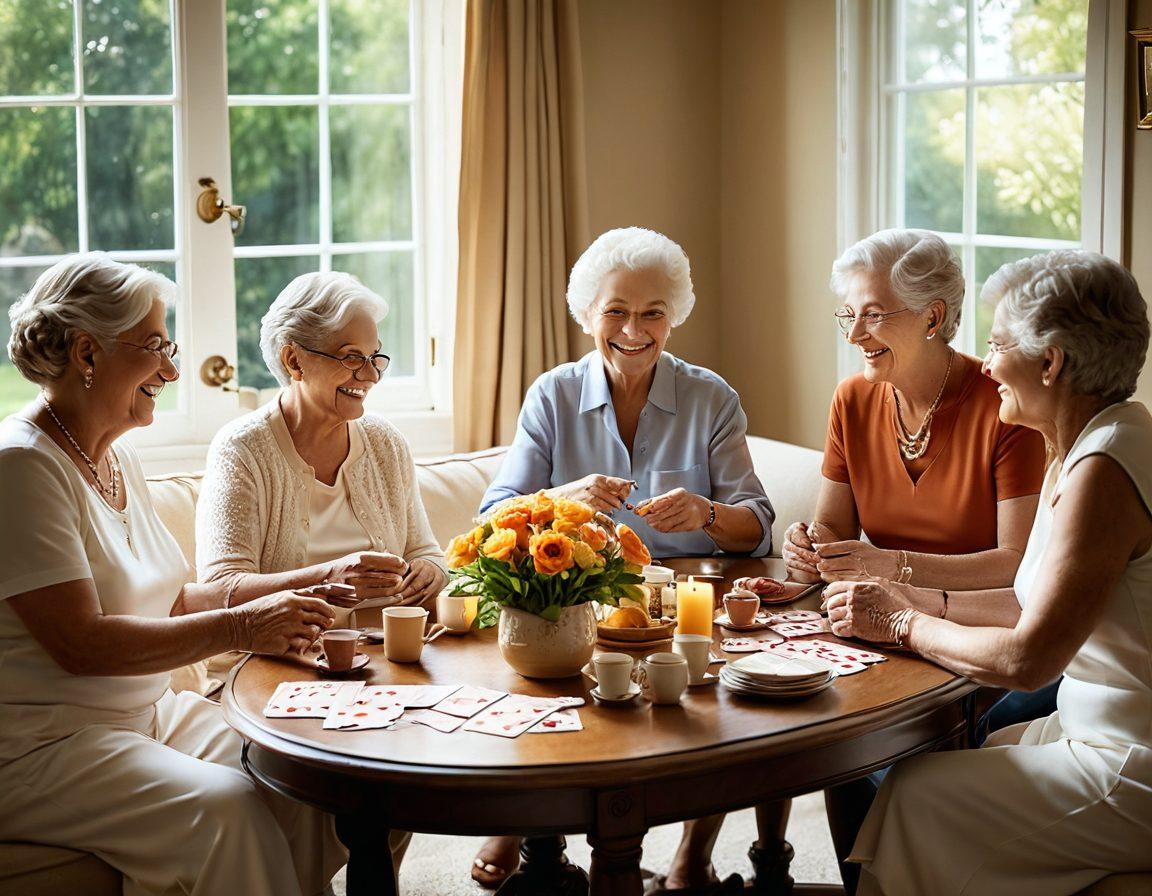 A cozy living room filled with warm sunlight, depicting a diverse group of seniors sharing laughter over a game of cards. Include a beautifully decorated coffee table with cherished mementos and a window open to a garden blooming with vibrant flowers. Emphasize connections and joy in their expressions and body language. soft focus. warm colors. inviting atmosphere.