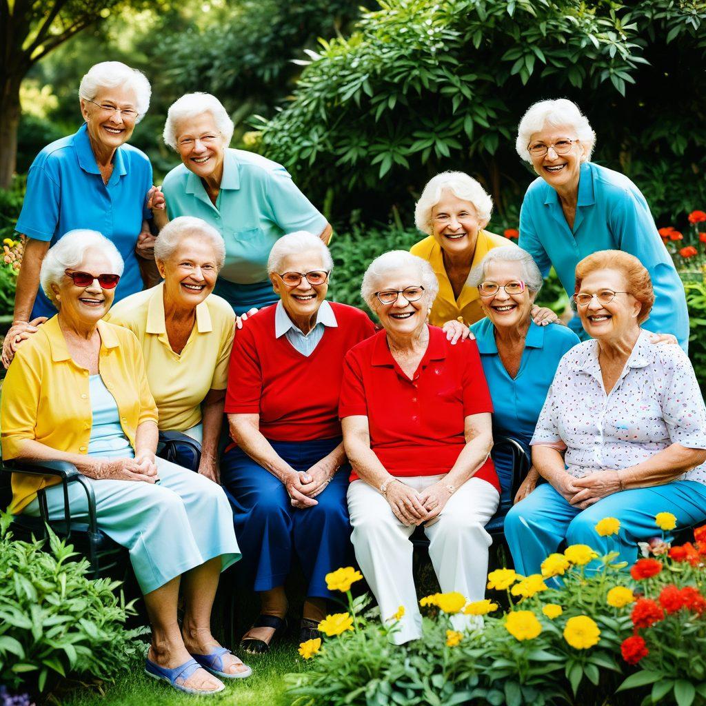 A warm, inviting scene of diverse seniors engaging in a lively group activity, showcasing laughter and companionship. Include shades of vibrant color in their clothing and surroundings, with elements like a garden or park to emphasize connection with nature. Illustrate the joy of shared moments through bright smiles and open gestures. super-realistic. vibrant colors. soft lighting.
