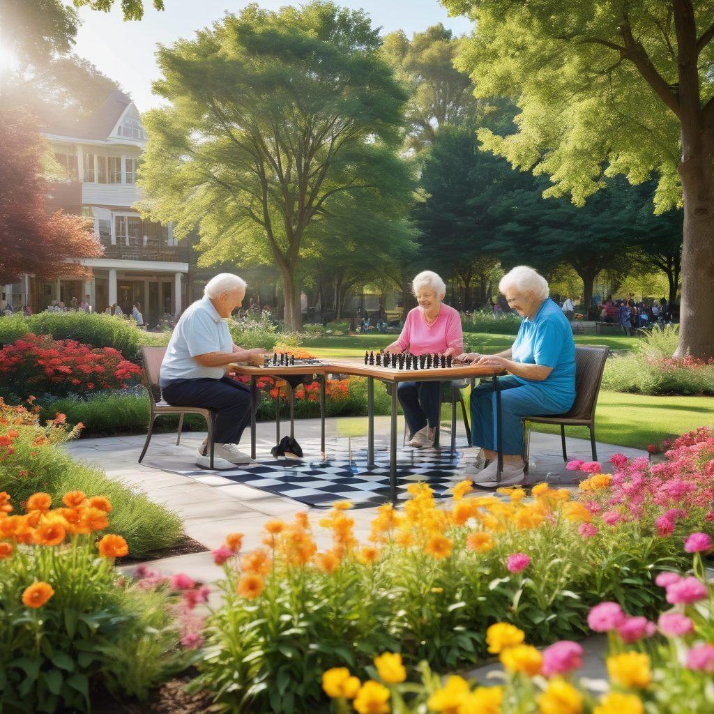 A vibrant scene depicting active senior citizens engaging in various activities like gardening, playing chess, and participating in a fitness class. Include elements that symbolize community and resources, such as a library, wellness center, and a sunshine-filled park. The atmosphere should radiate positivity and vitality, reflecting the joy of active aging. super-realistic. vibrant colors. sunny background.